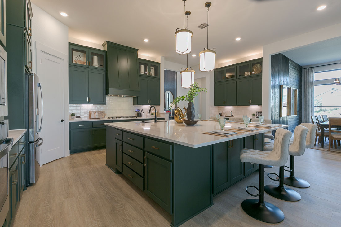 Green kitchen cabinets with OE4, IE2 flat panel shaker style cabinet doors