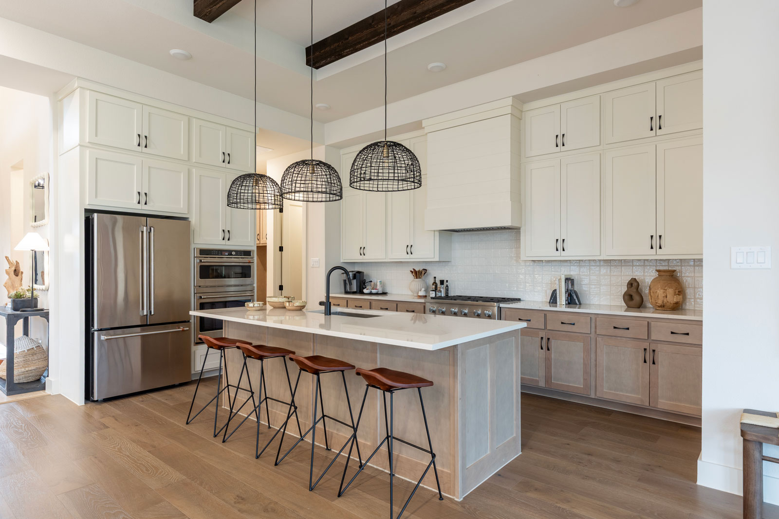 Maple island and base cabinet doors - paint grade upper cabinet doors with OE4, IE2 and flat panel painted creamy warm white Kitchen