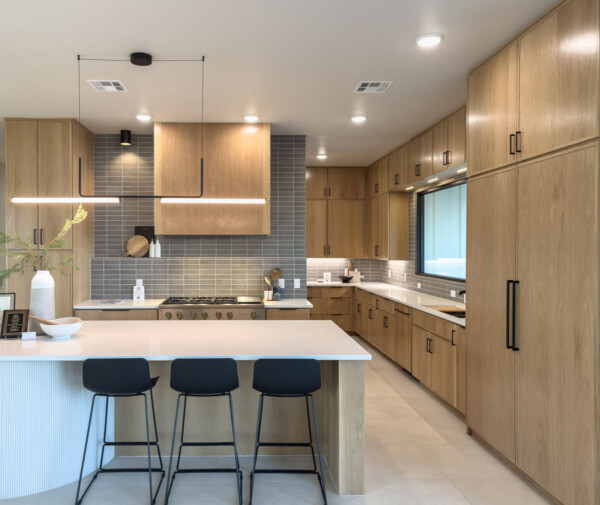 Kitchen with white oak cabinets and 4S cabinet doors with skinny 3/4" Shaker design and subzero refrigerator panels