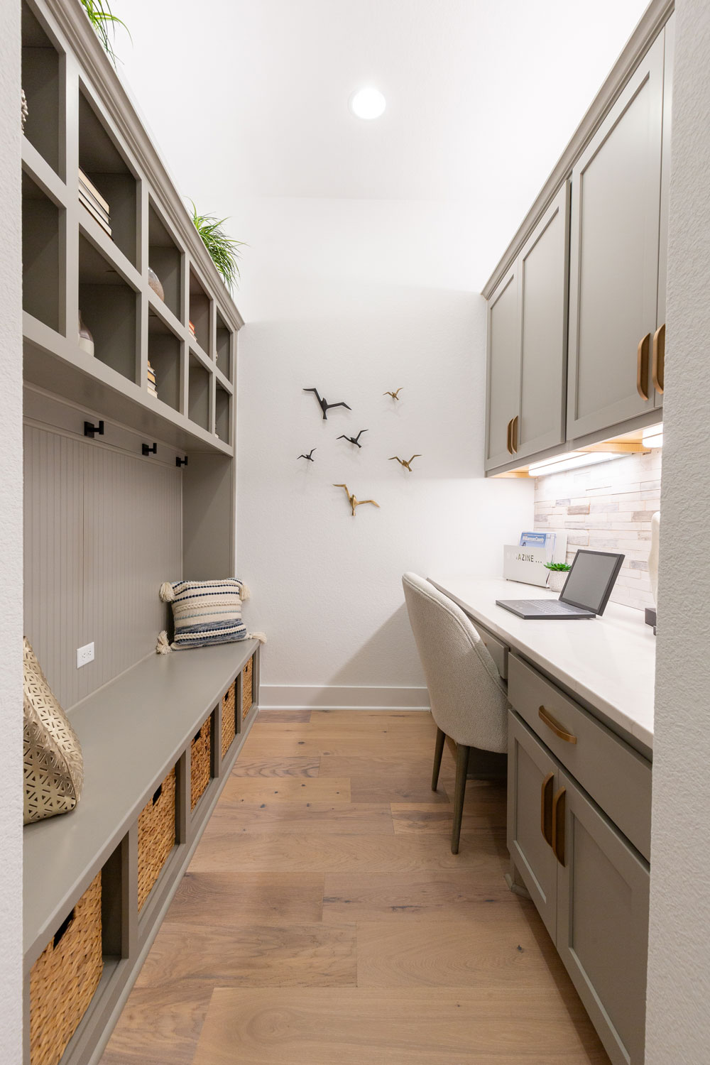 Built-in desk with upper cabinets and mud room cubbies in small space with OE4, IE2 flat panel shaker style cabinet doors