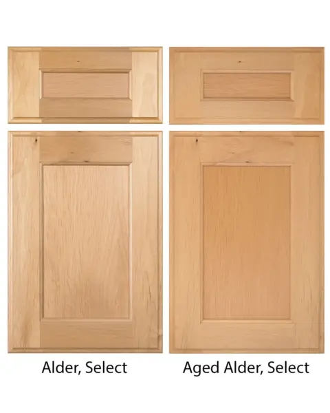 Aged and new alder wood cabinet door comparison