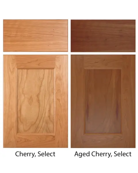 Aged and new cherry wood cabinet door comparison