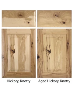 Aged and new hickory wood cabinet door comparison