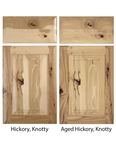 Aged and new hickory wood cabinet door comparison