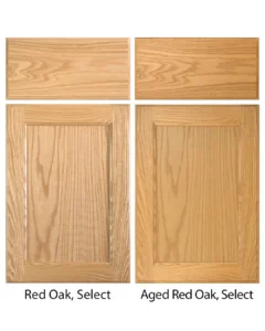 Aged and new red oak wood cabinet door comparison