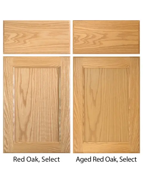Aged and new red oak wood cabinet door comparison