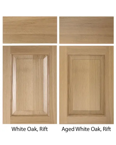 Aged and new rift white oak wood cabinet door comparison