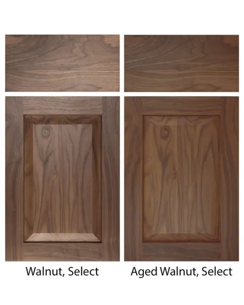 Aged and new walnut wood cabinet door comparison