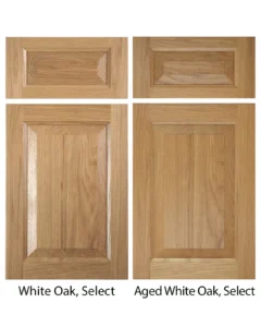 Aged and new white oak wood cabinet door comparison