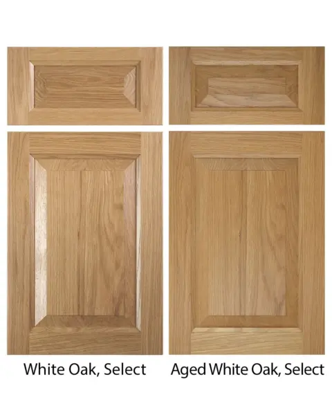 Aged and new white oak wood cabinet door comparison