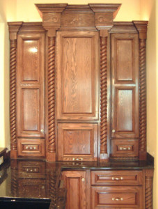 bar cabinet with rope columns in red oak